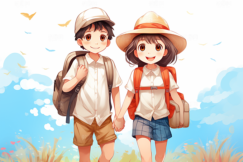 学生放暑假漫画风结业插画