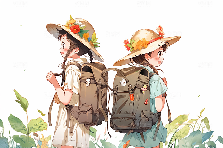 学生放暑假结伴出游插画