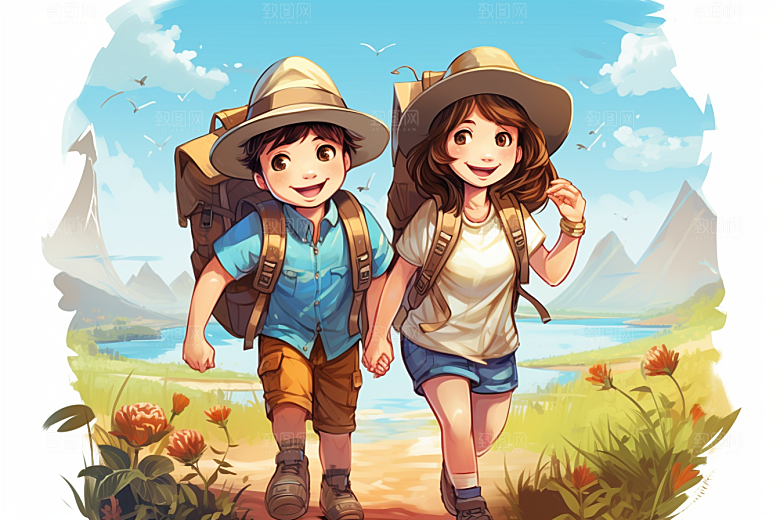 学生放暑假结伴放假了插画