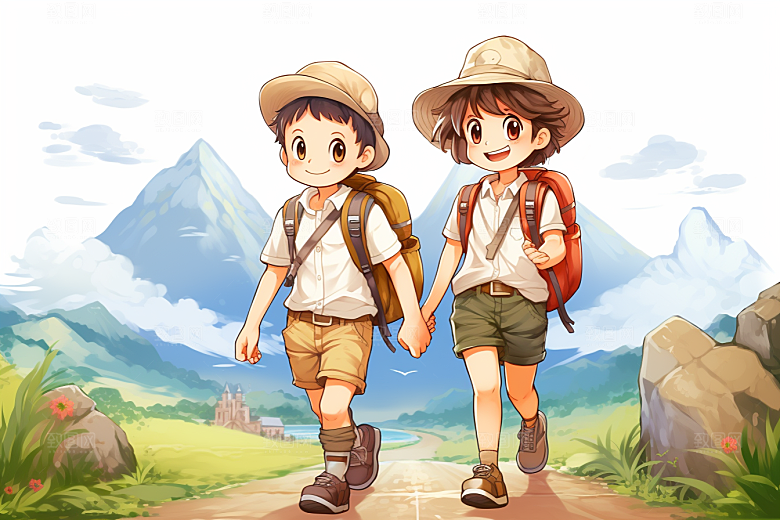 学生放暑假出游手绘插画