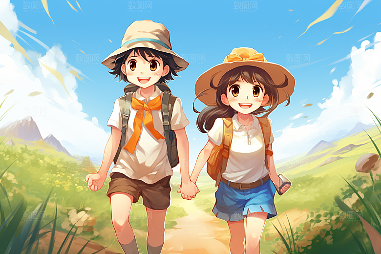 学生放暑假结业出游插画