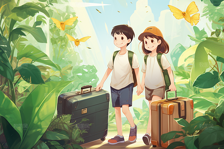 学生放暑假毕业旅游手绘插画