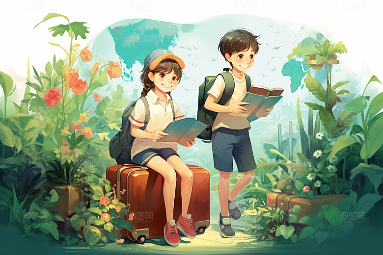 学生放暑假放假了出游插画