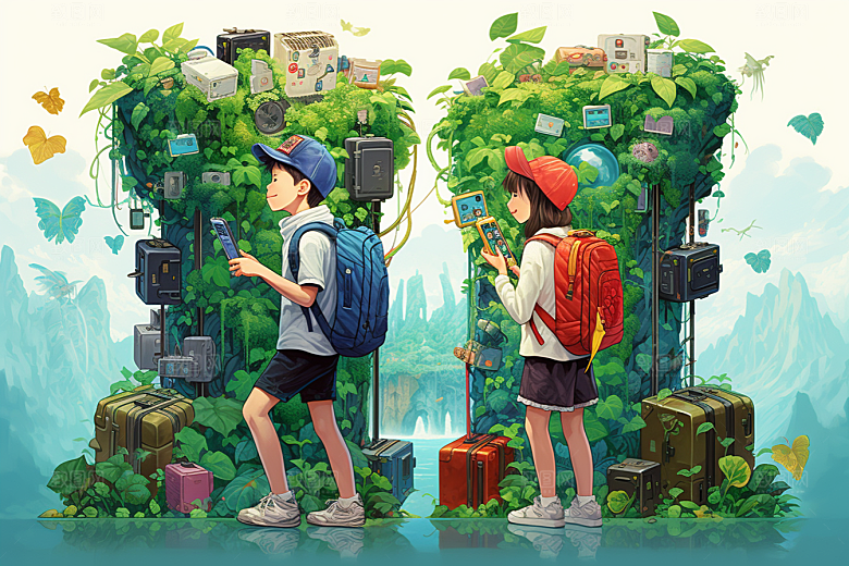 学生放暑假夏季毕业旅游插画