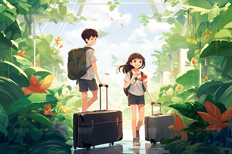 学生放暑假结伴结业插画