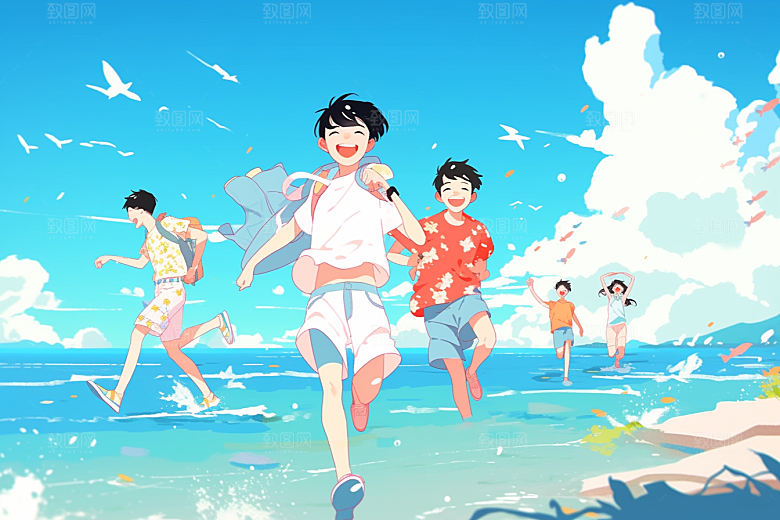学生放暑假夏季结伴插画
