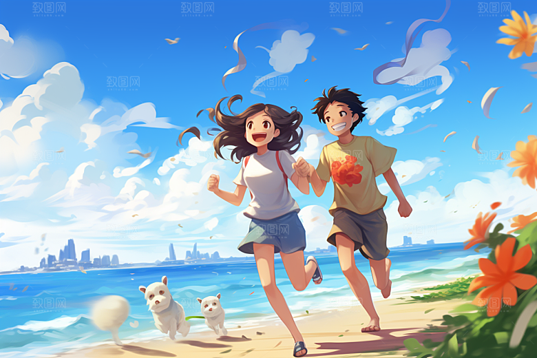 学生放暑假漫画风毕业旅游插画