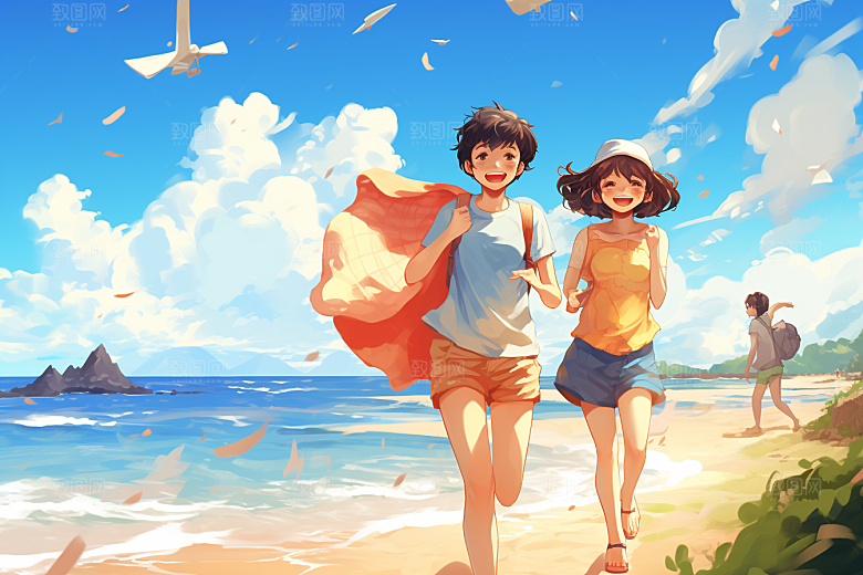 学生放暑假放假了结伴插画