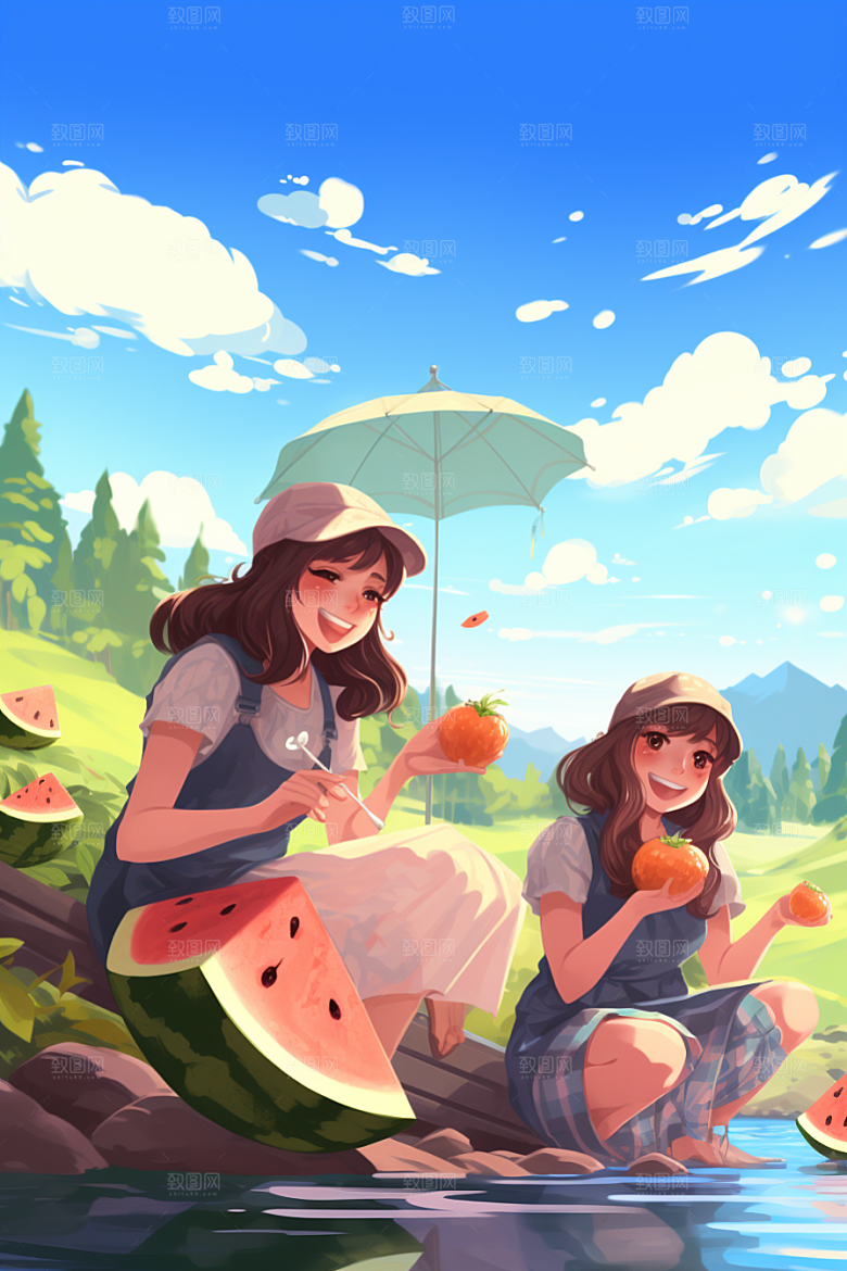 学生放暑假结伴毕业旅游插画