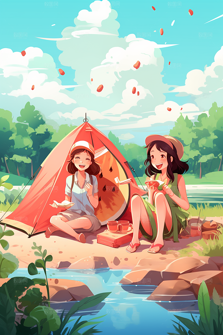 学生放暑假夏天出游插画