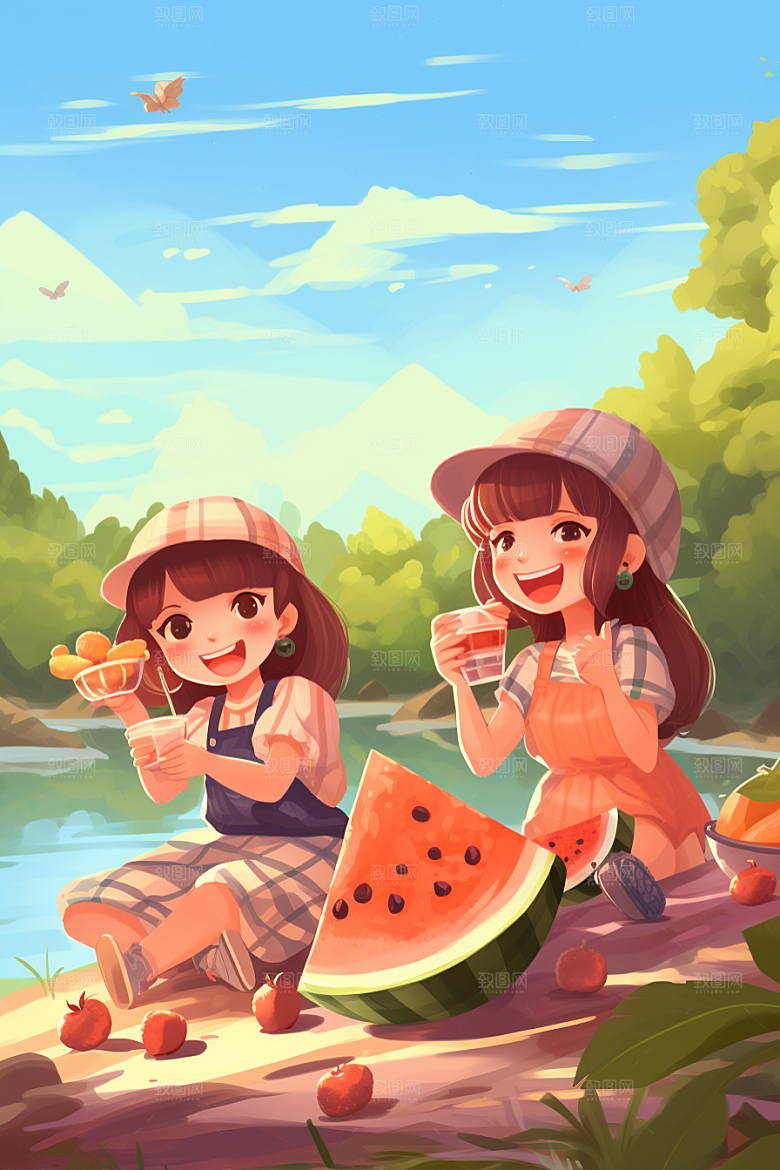 学生放暑假夏季结伴插画