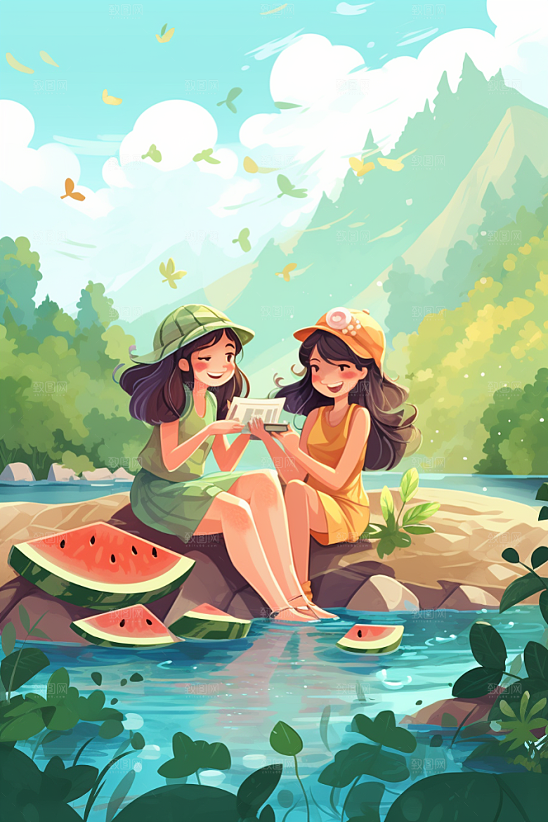学生放暑假旅游出游插画