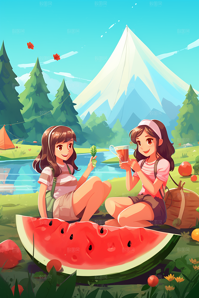学生放暑假结伴夏天插画