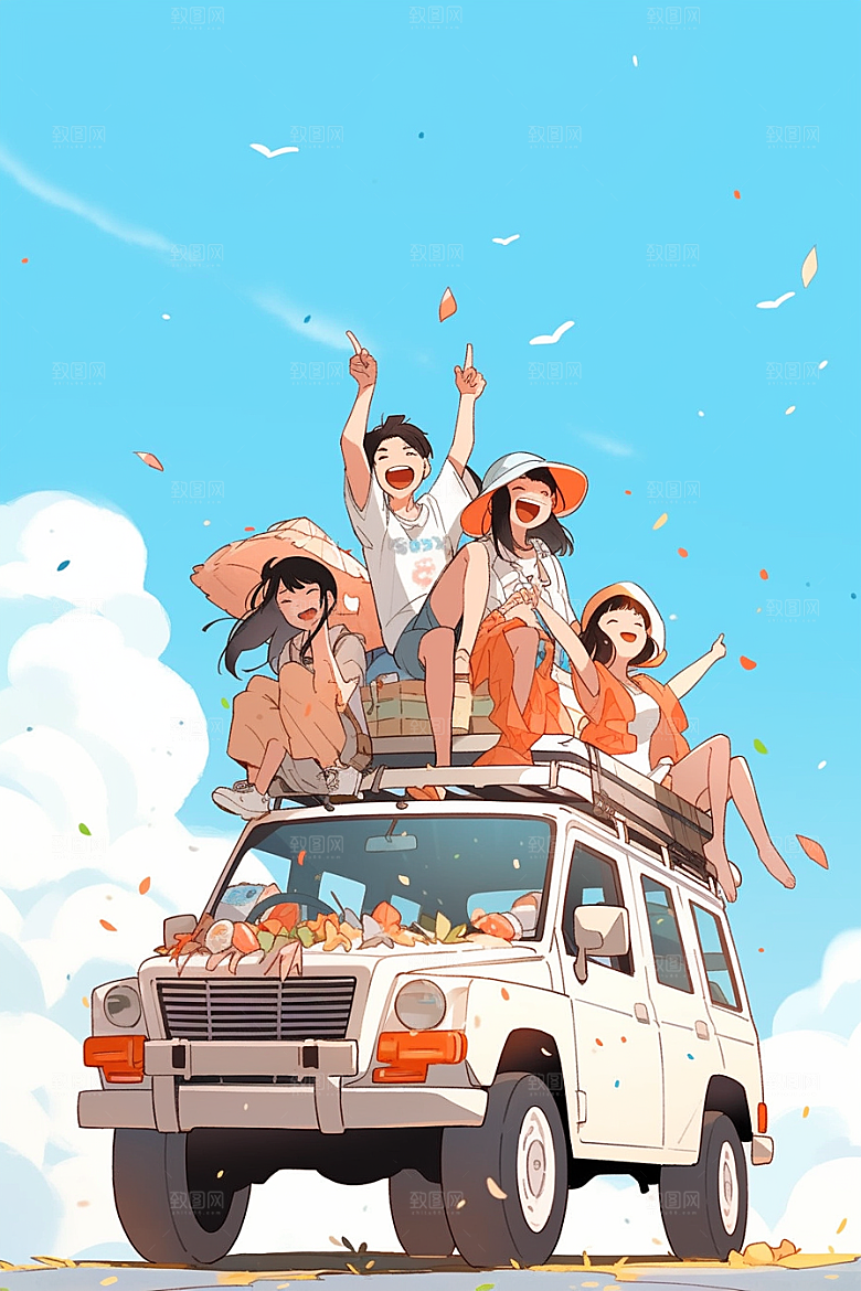 学生放暑假毕业旅游漫画风插画