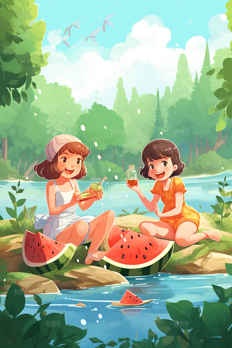 学生放暑假夏天毕业旅游插画