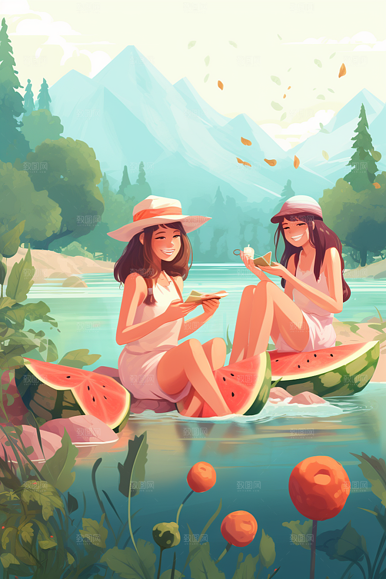 学生放暑假手绘出游插画