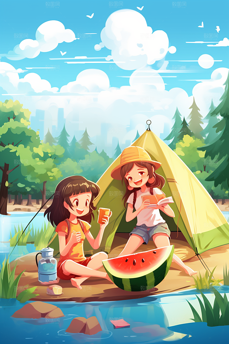 学生放暑假结业出游插画