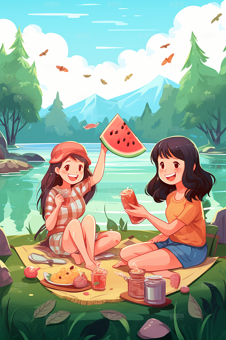 学生放暑假旅游结业插画