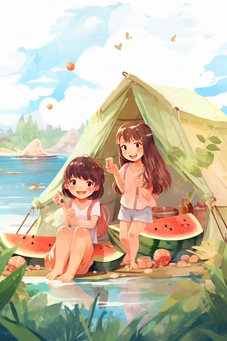学生放暑假夏天毕业旅游插画