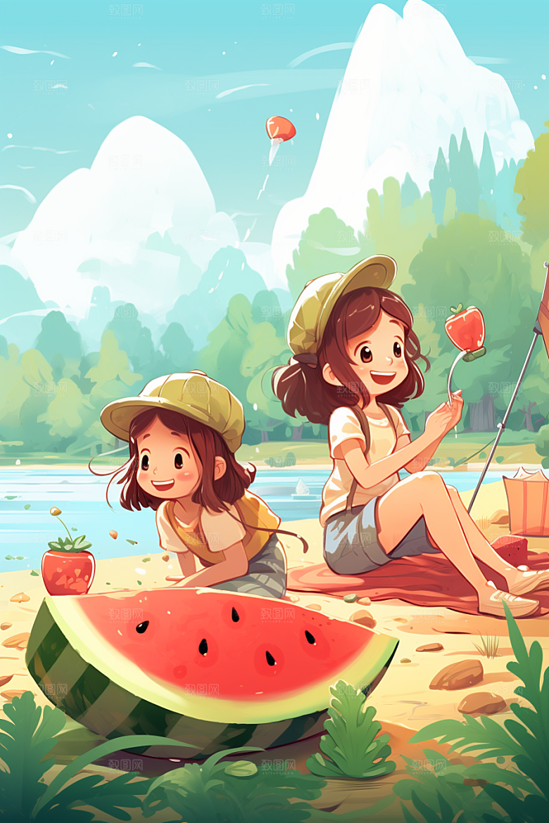 学生放暑假快乐手绘插画