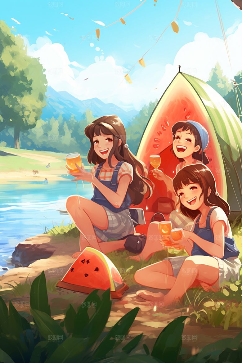 学生放暑假手绘结伴插画