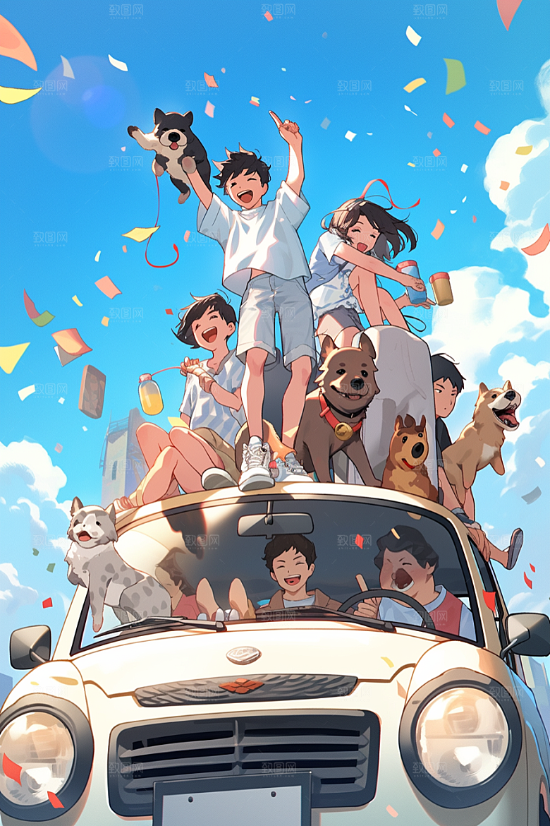 学生放暑假放假了结伴插画