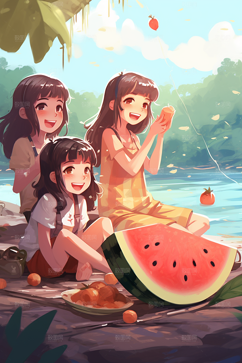 学生放暑假旅游手绘插画