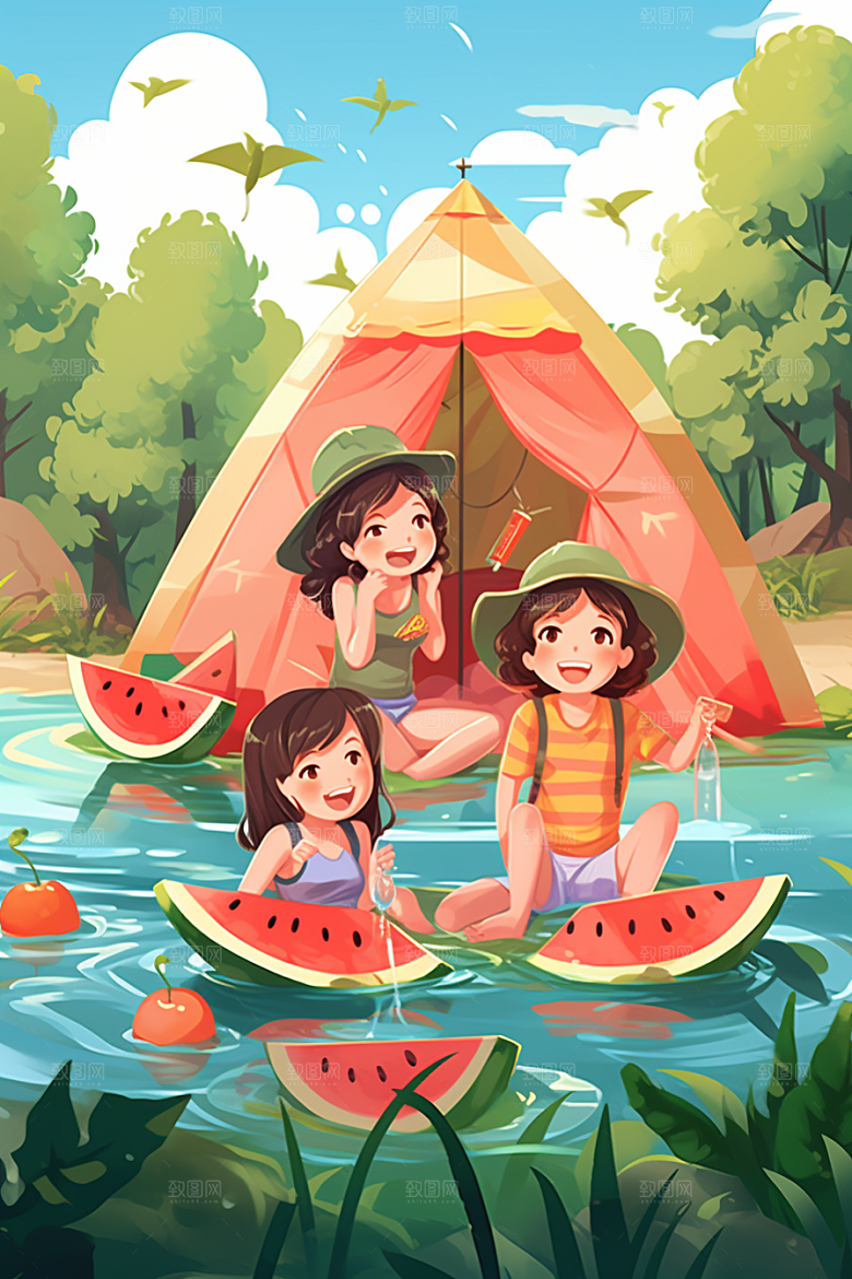 学生放暑假结伴毕业旅游插画