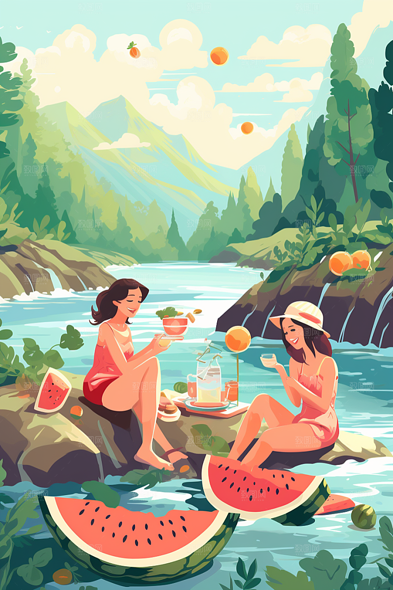学生放暑假夏季出游插画