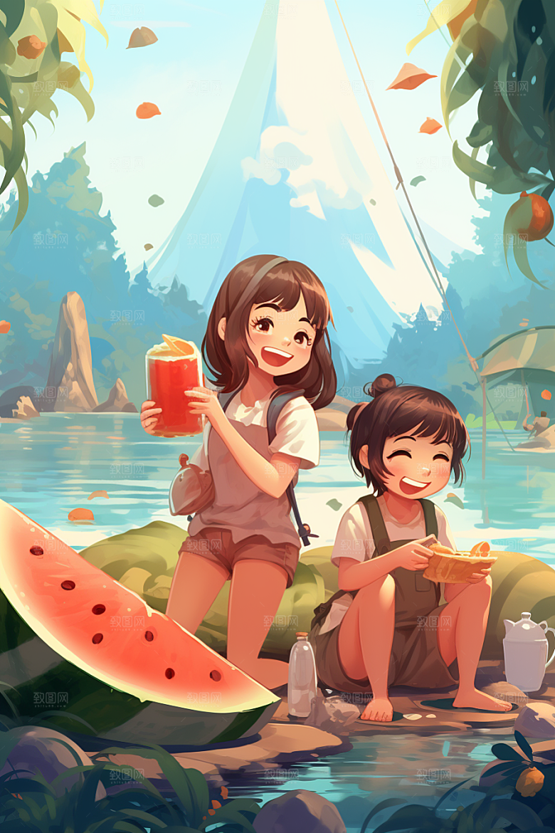 学生放暑假结伴夏季插画