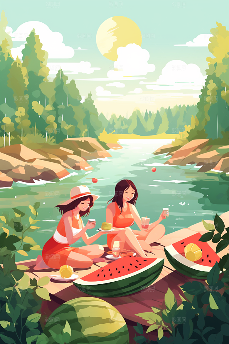 学生放暑假毕业旅游夏天插画