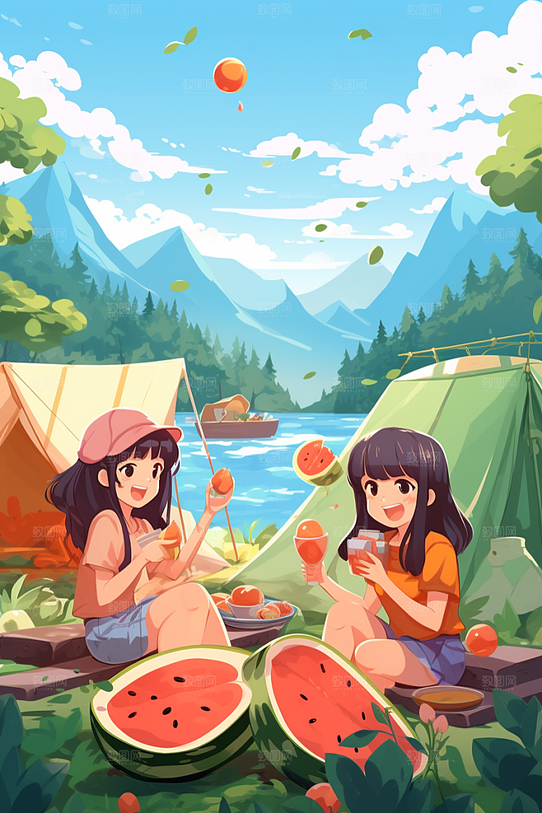 学生放暑假毕业旅游结伴插画