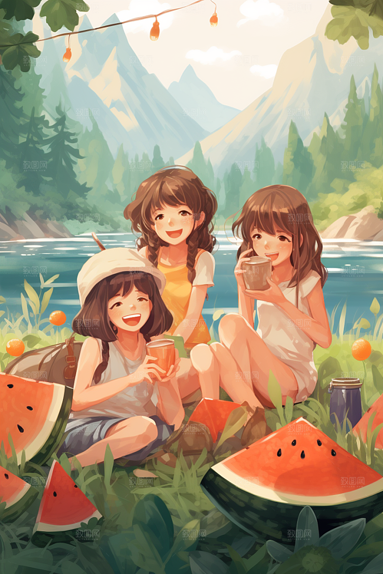 学生放暑假结业手绘插画