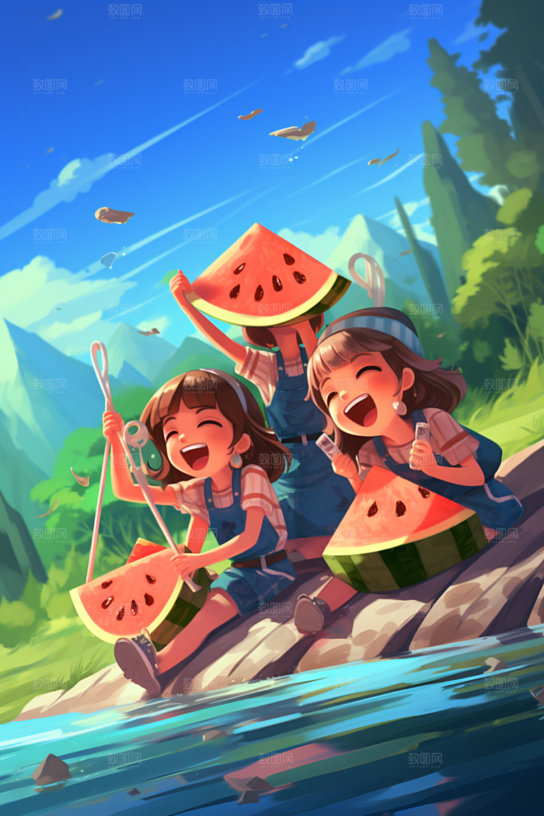 学生放暑假出游旅游插画