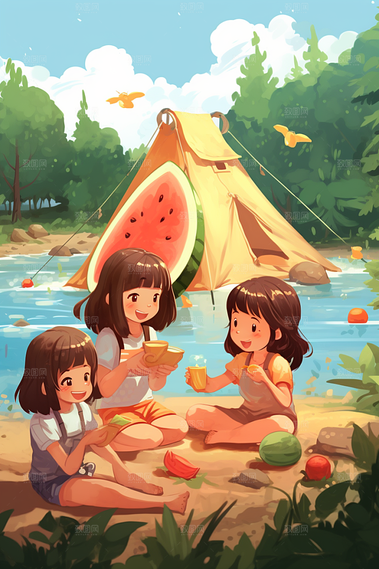 学生放暑假旅游出游插画
