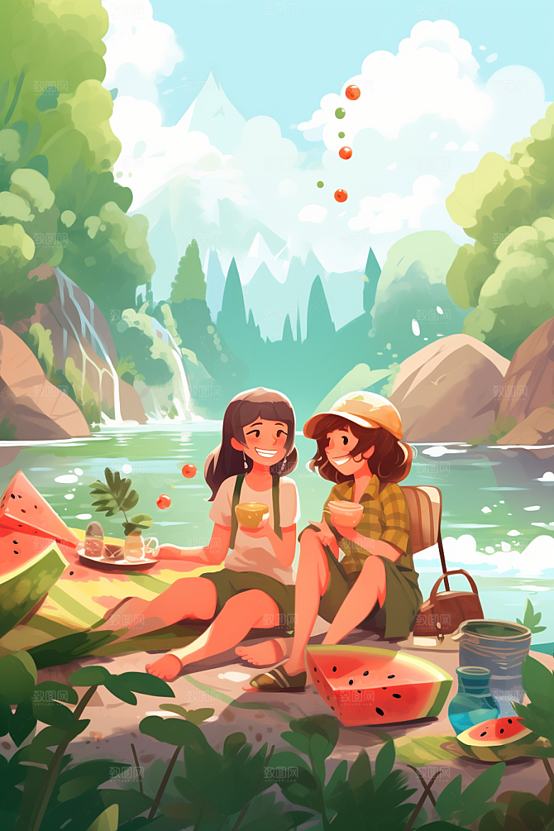 学生放暑假毕业旅游放假了插画