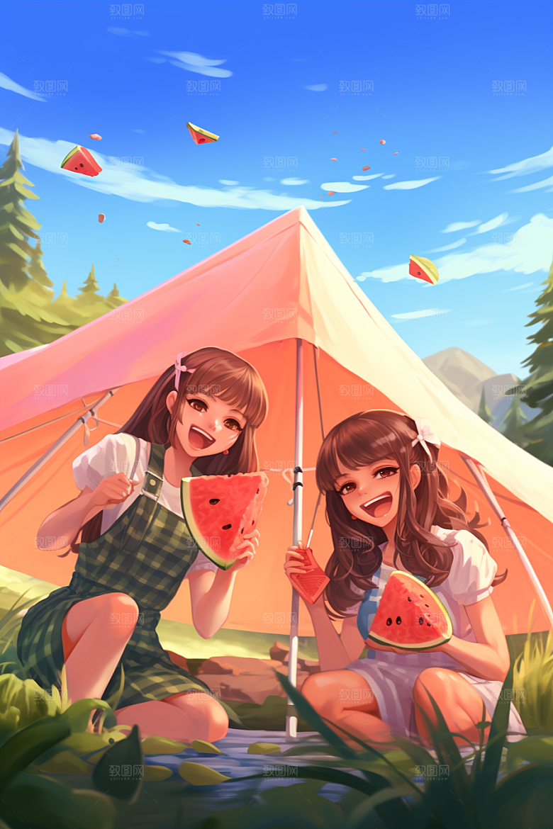学生放暑假漫画风毕业旅游插画