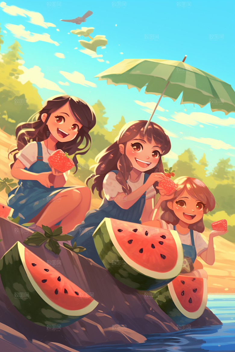 学生放暑假结伴夏天插画