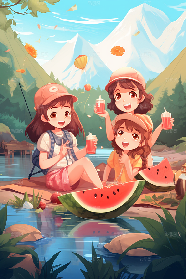 学生放暑假毕业旅游手绘插画