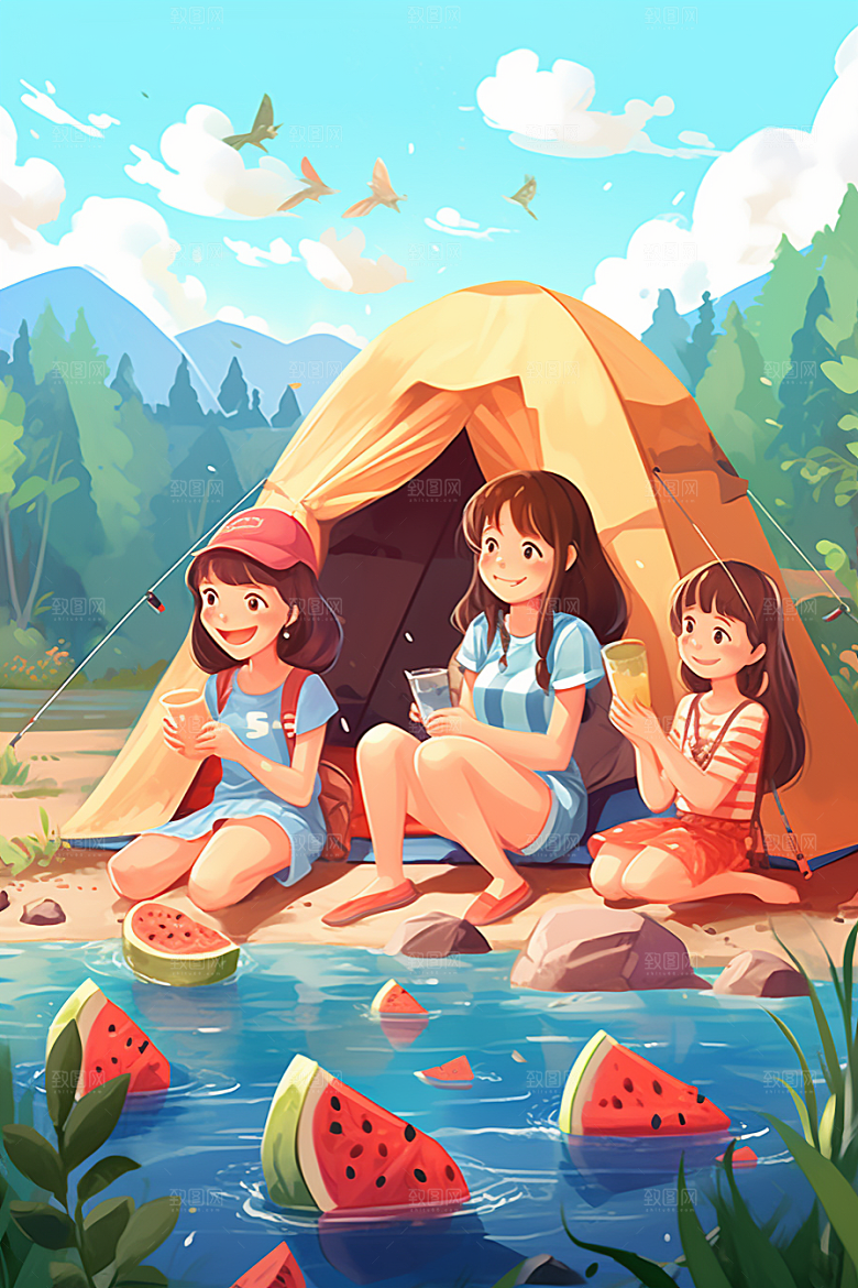 学生放暑假结伴旅游插画