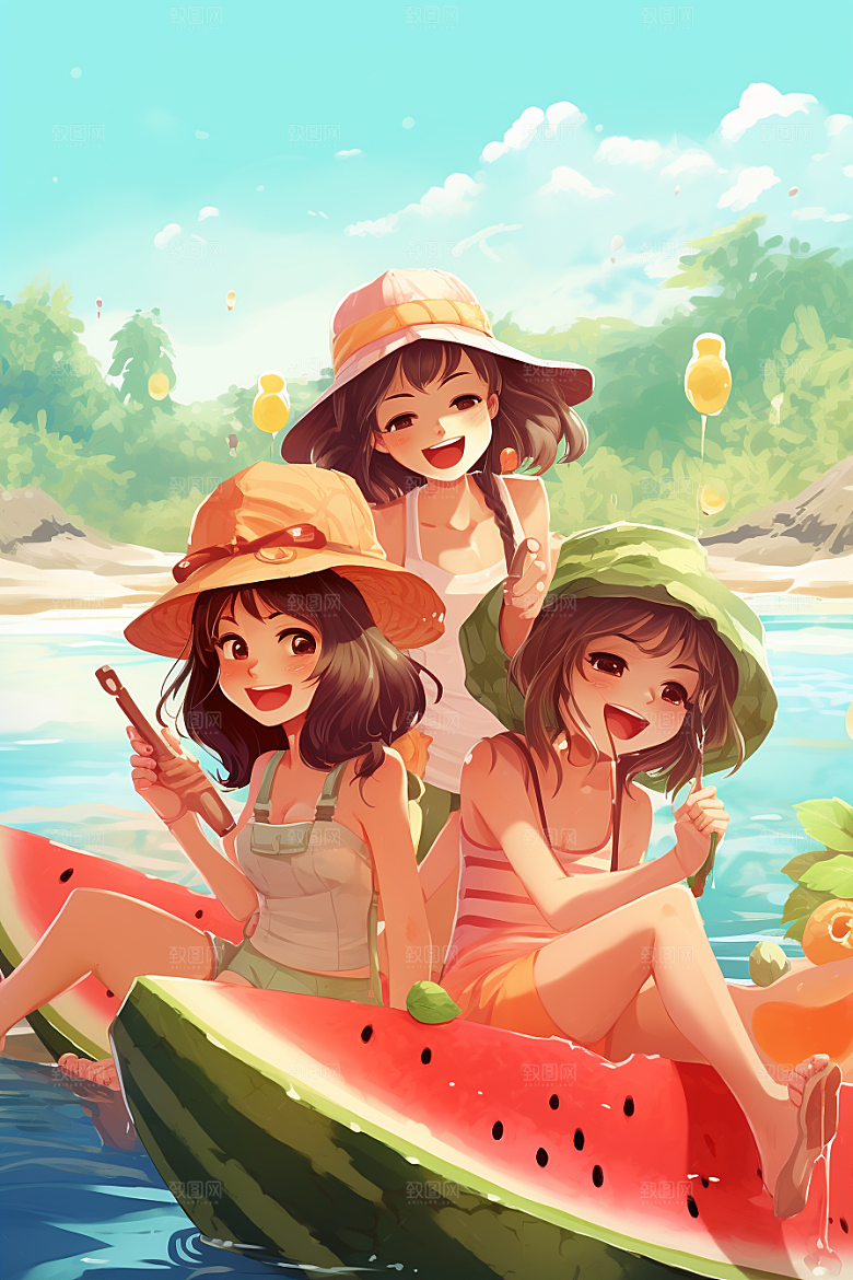 学生放暑假出游结伴插画