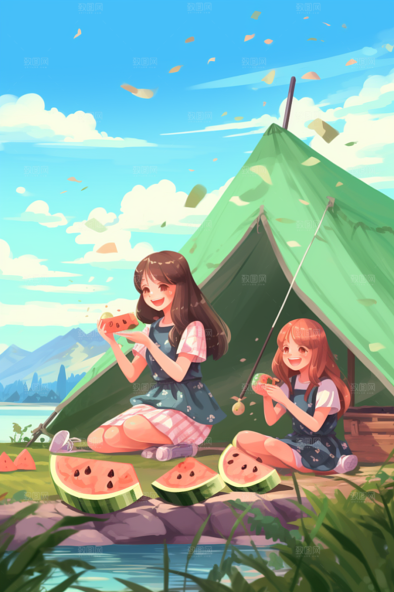 学生放暑假出游放假了插画