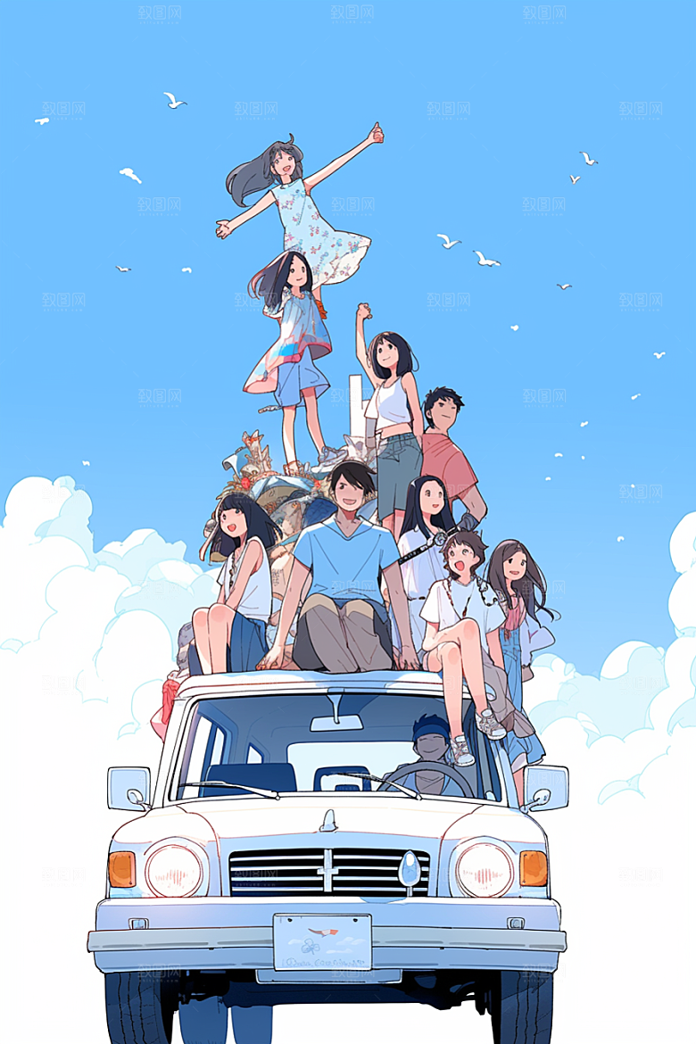学生放暑假毕业旅游结业插画