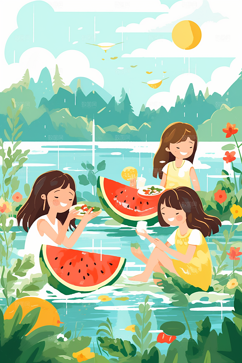 学生放暑假夏天结伴插画