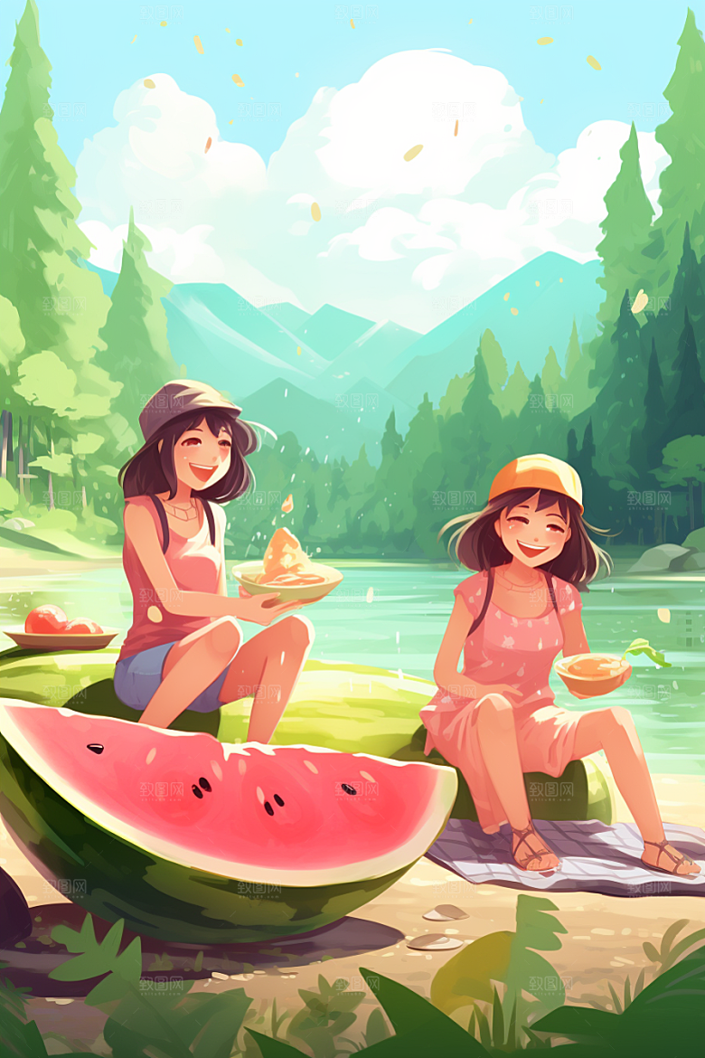学生放暑假旅游夏天插画