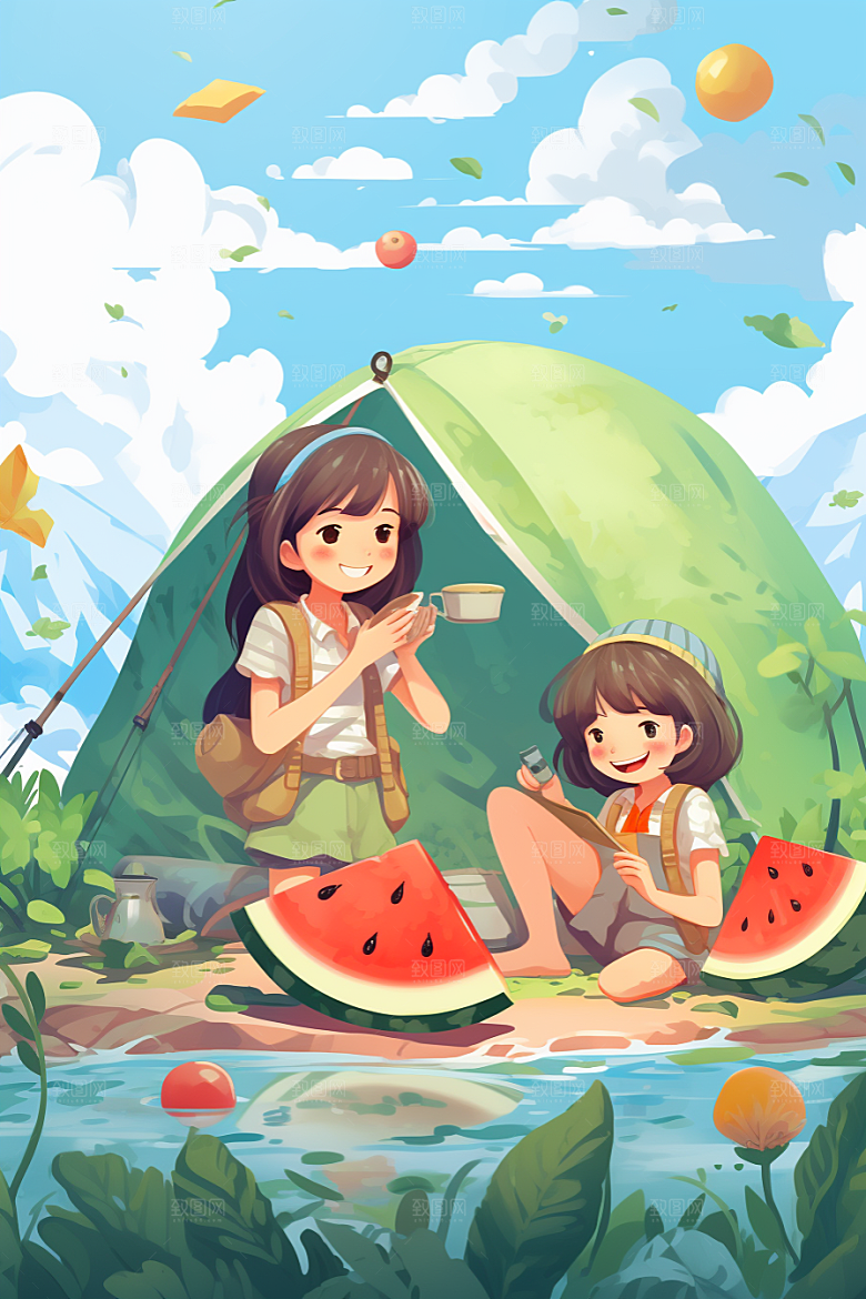 学生放暑假手绘出游插画