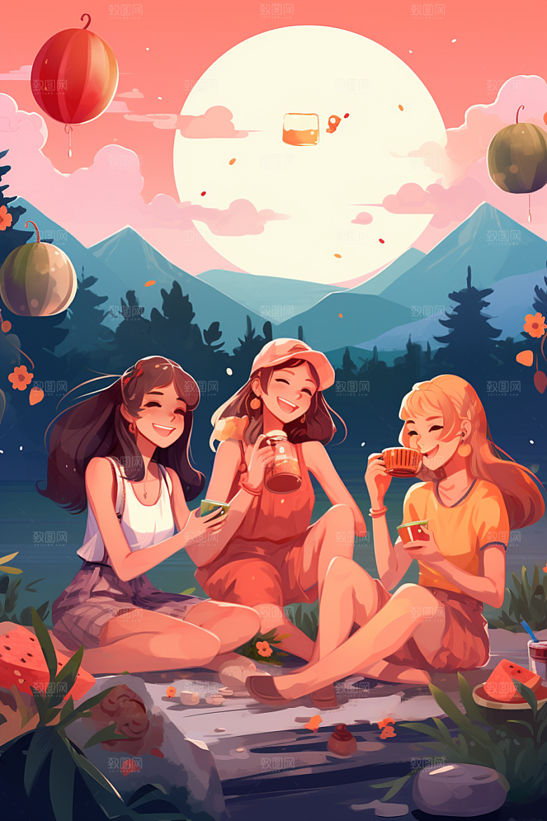 学生放暑假夏天结业插画