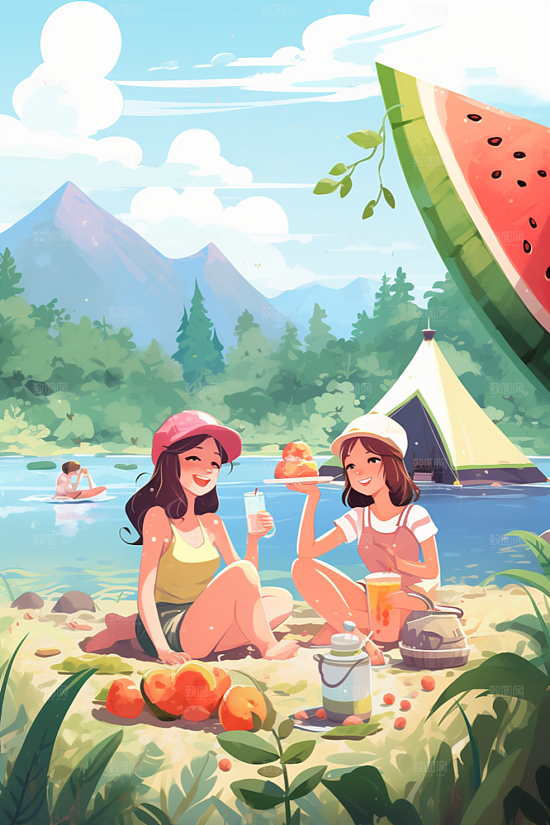 学生放暑假毕业旅游结伴插画