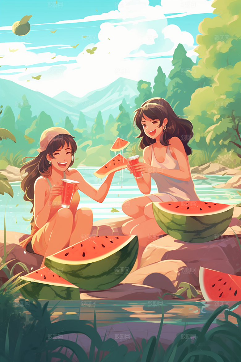 学生放暑假夏天出游插画