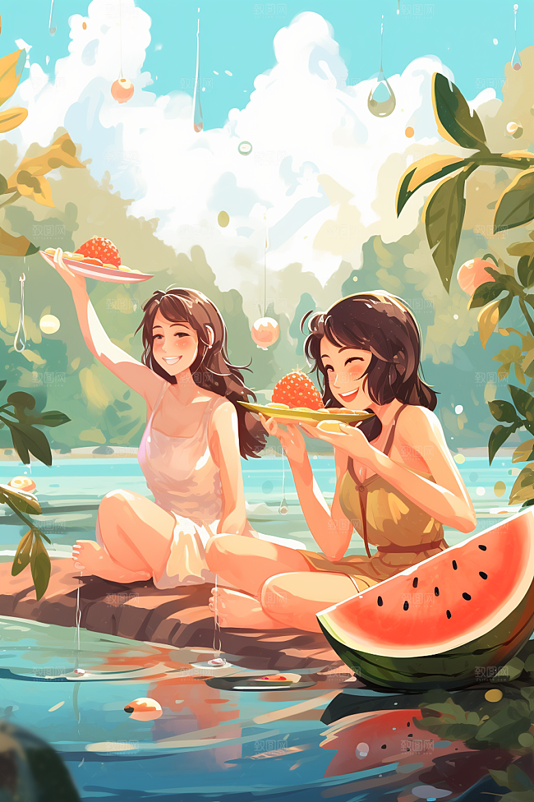 学生放暑假快乐结伴插画
